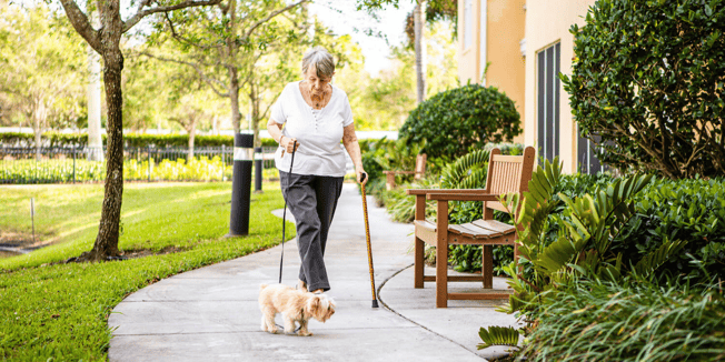 A resident walking her dog outside on a garden path