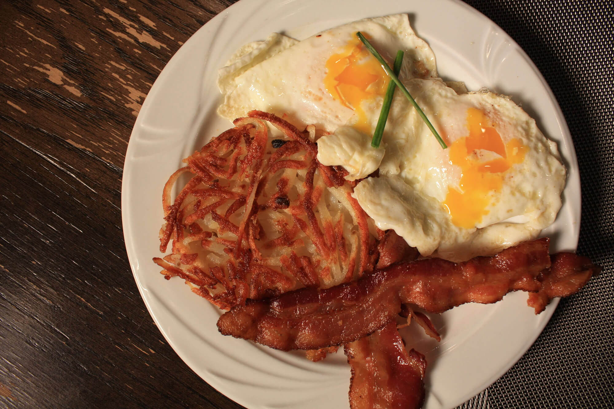 Plate with bacon, fried eggs and potatos