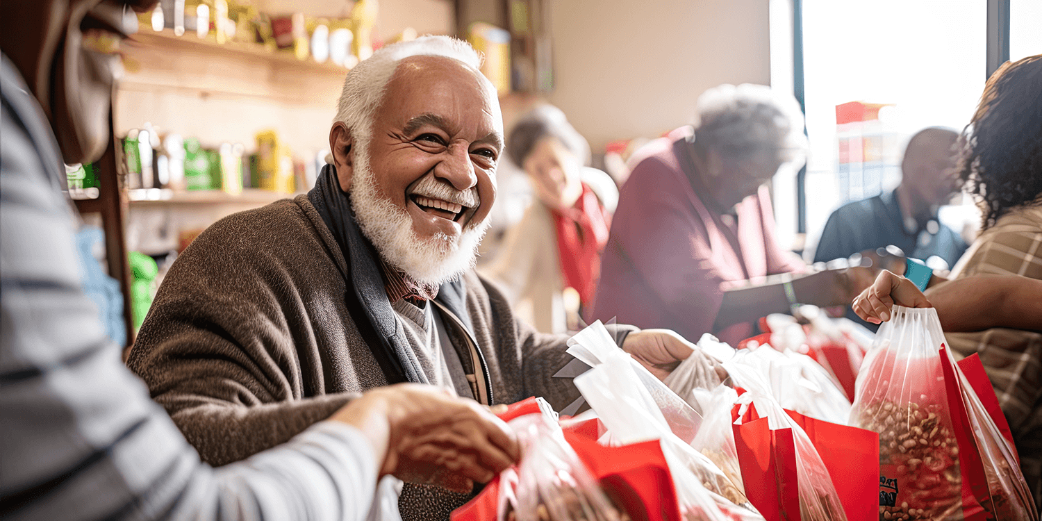 Group of diverse seniors gathering gifts during the holiday season