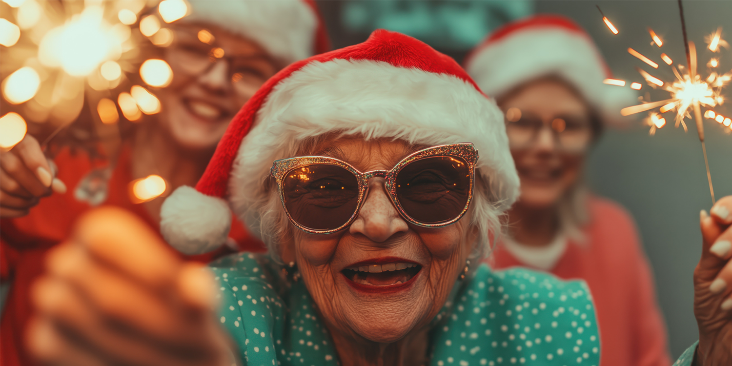 Cheerful senior friends wearing Santa hats and holding sparklers