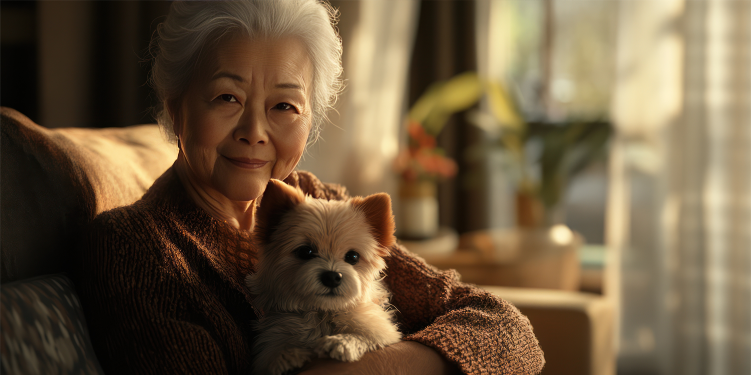 senior woman sitting in a chair holding her small dog